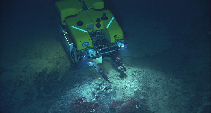 IFE remotely operated vehicle "Hercules" using its Predator manipulator arm during a scientific experiment at the sea floor.